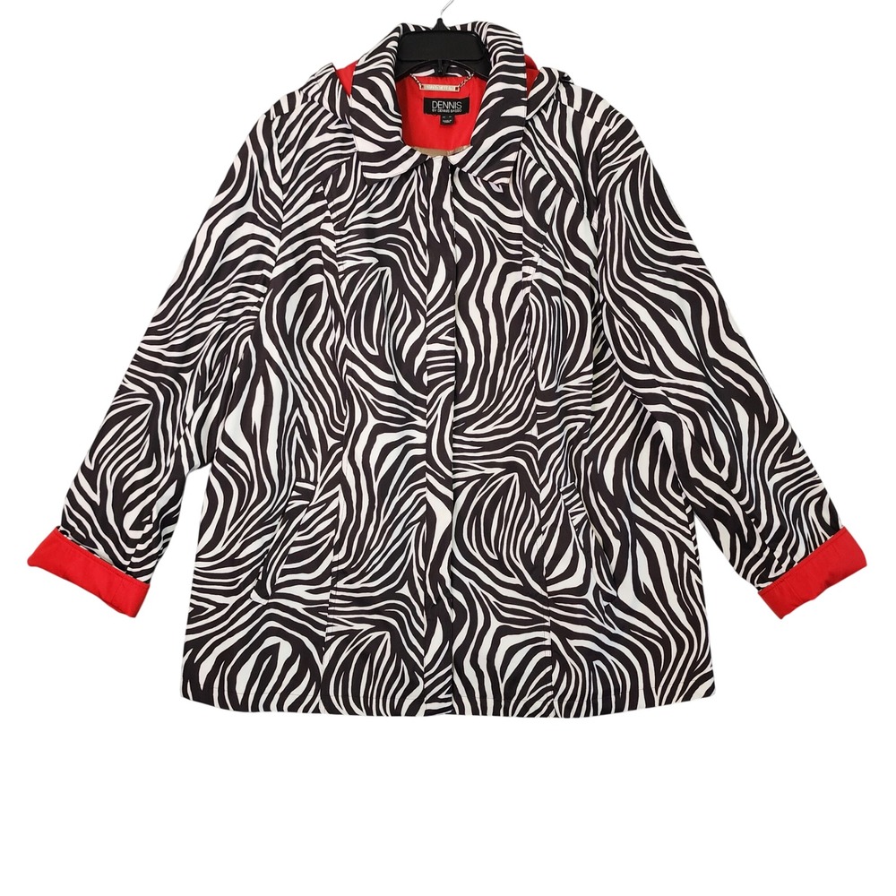 Dennis by Dennis Basso Zebra Print Hooded Jacket Black White Red XL Trench Coat